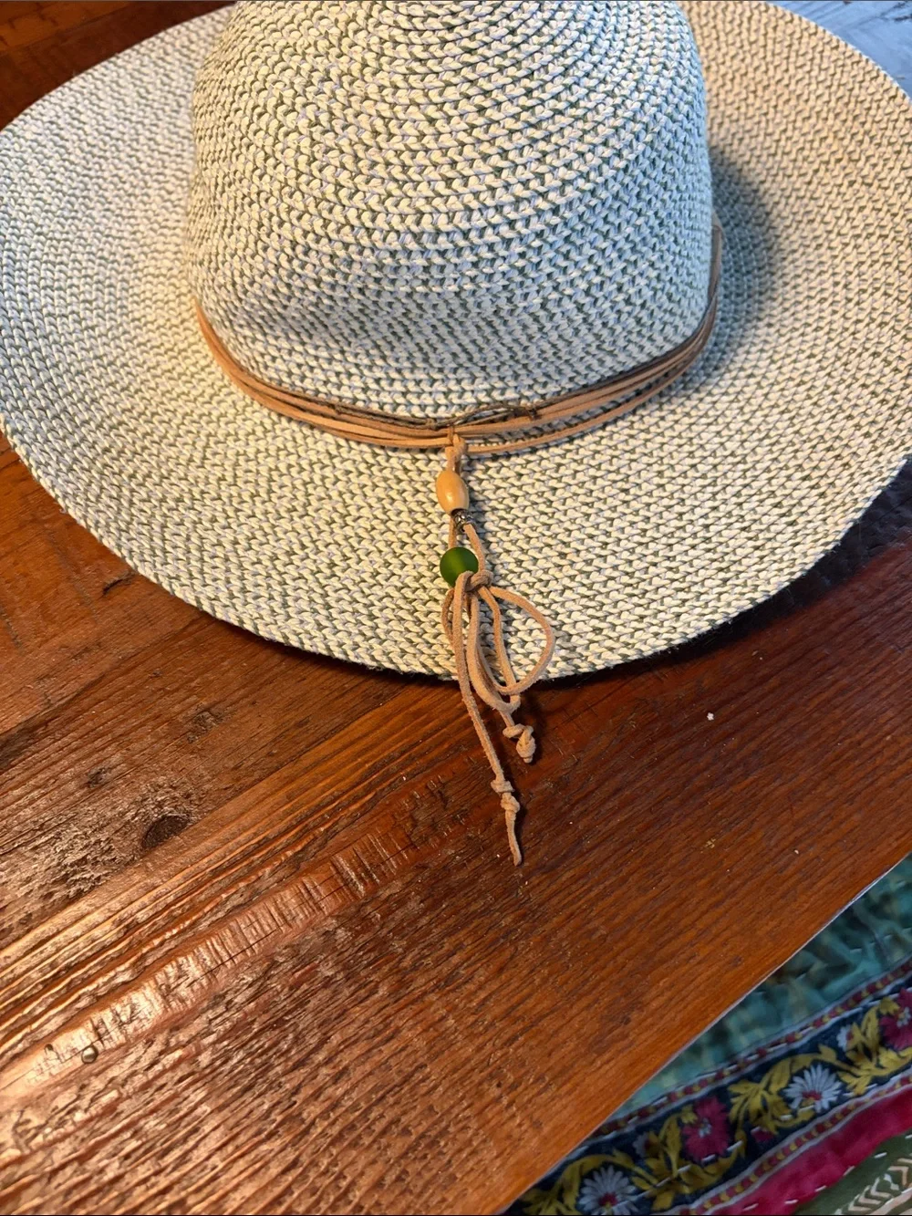 Wide-Brim Straw Sun Hat with Bead Trim - Cream